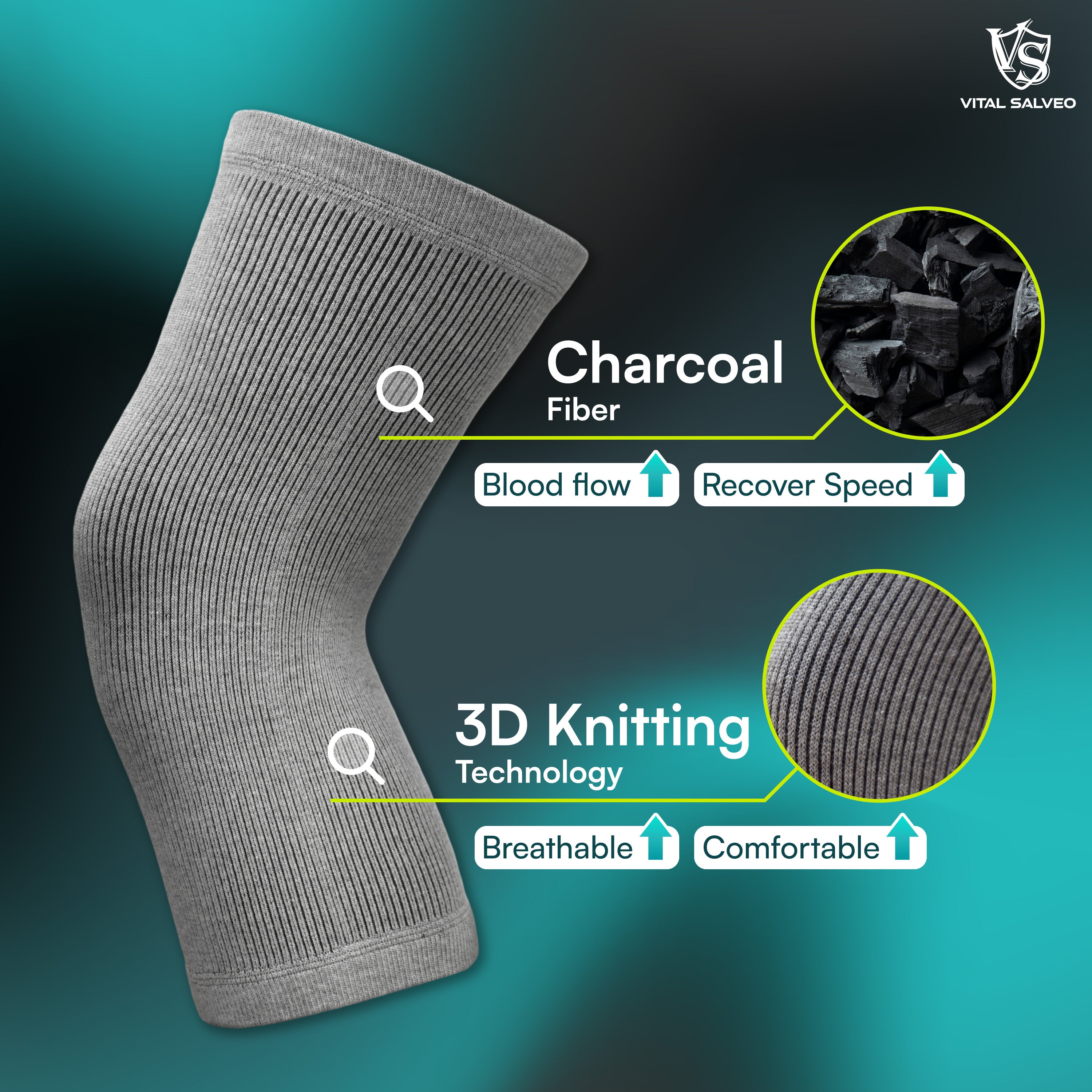 3D Knit Charcoal Knee Sleeves (Pair) - Vital Salveo