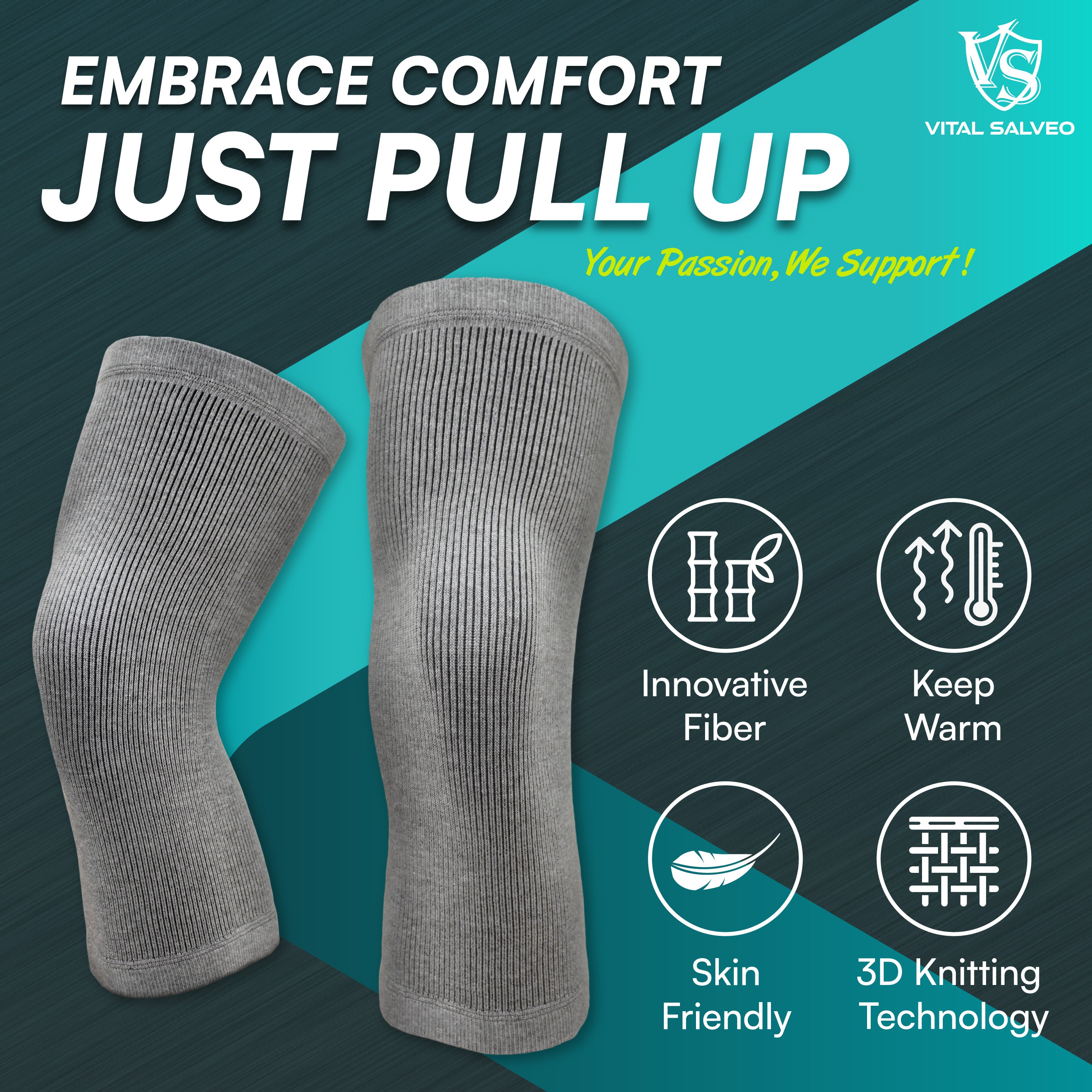 3D Knit Charcoal Knee Sleeves (Pair) - Vital Salveo